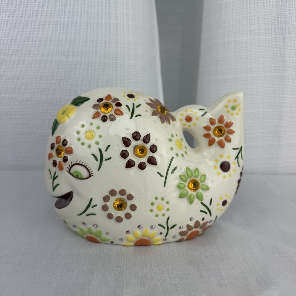 Vtg White Ceramic Whale Brown Colorful Hippie Boho Flowers Handpainted 1970's